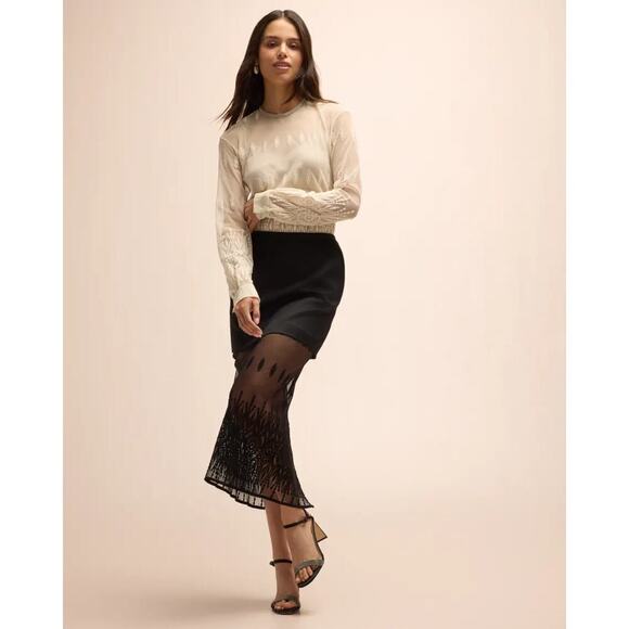 Fabiana Filippi Embroidered Tulle & Wool Twill Midi Skirt Black Size 10 NWT - Picture 5 of 10